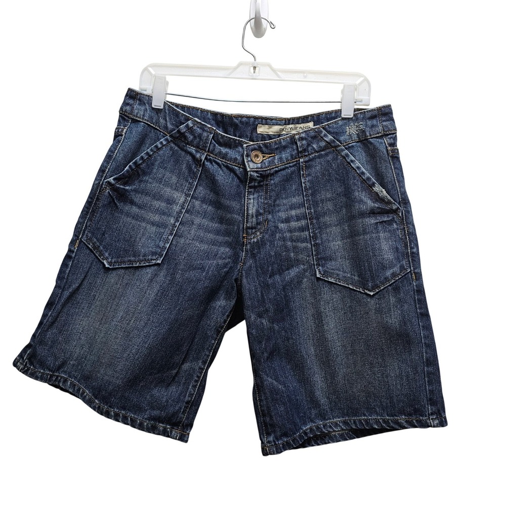 DKNY Jorts Women Blue Wash Denim Bermuda Shorts Size 14 Distressed Casual